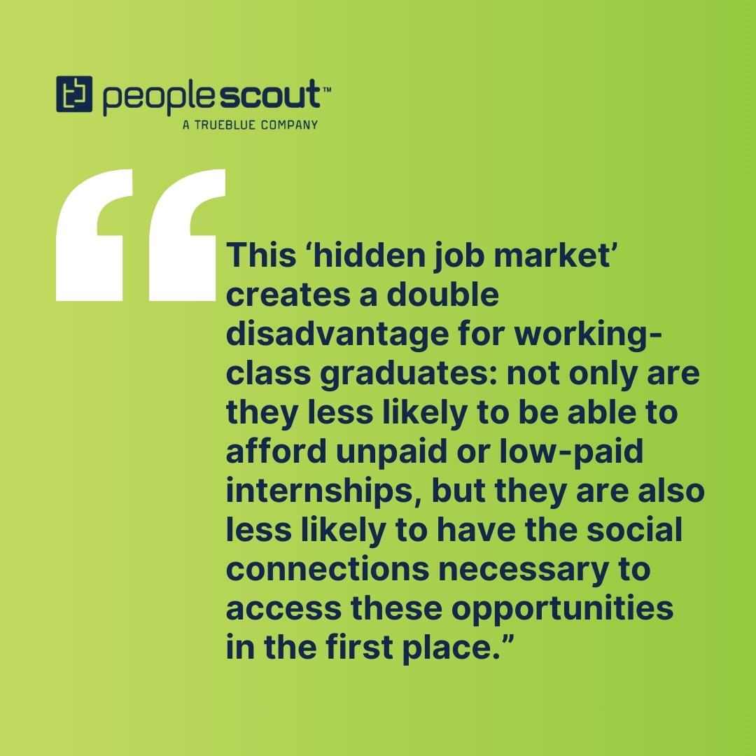 Image shows a quote from the article, "This “hidden job market” creates a double disadvantage for working-class graduates: not only are they less likely to be able to afford unpaid or low-paid internships, but they are also less likely to have the social connections necessary to access these opportunities in the first place."